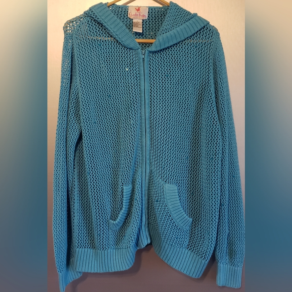 WOMANS TURQUOISE QUACKER FACTORY ZIP COVER UP SWEATER W/ SEQUINS.SIZE L